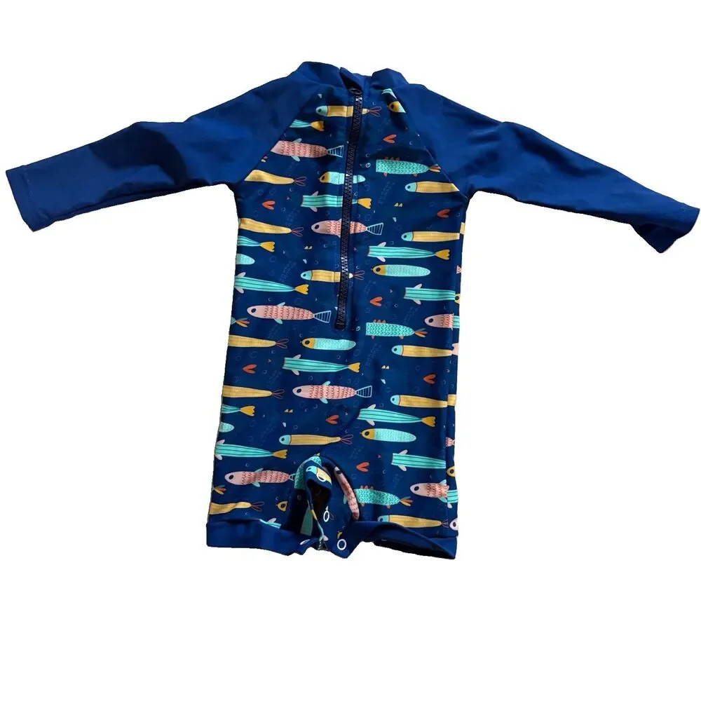 Umelok Blue Fish Print Zip Long Sleeve Lined One Piece Swimsuit 0-3 Months